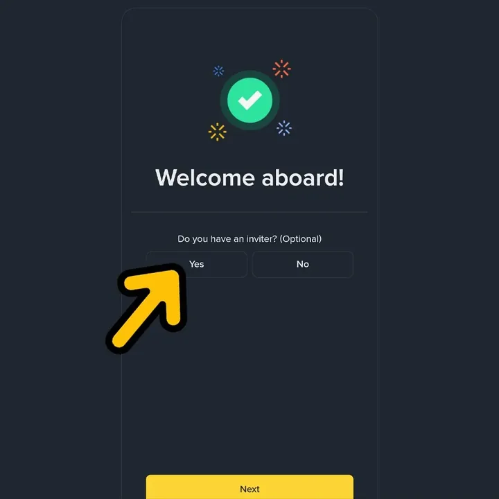바이낸스 Welcome aboard 창 — Yes 선택